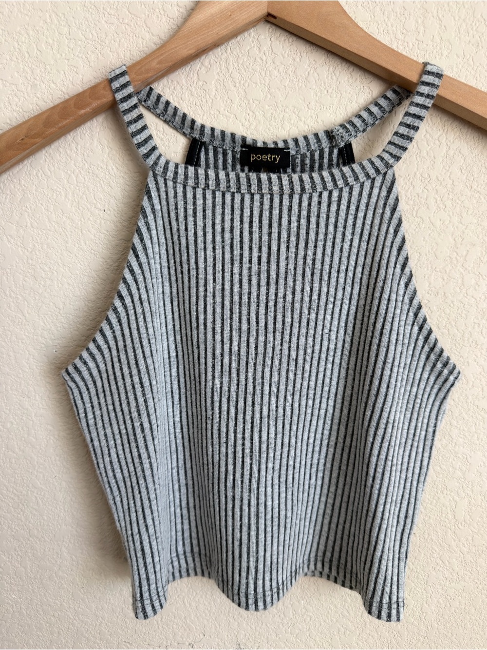 Ribbed Striped Halter Crop Top S Gray Black Open Back Fitted Y2K Style Poetry